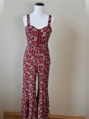 American Eagle Outfitters Red Floral Smocked Jumpsuit